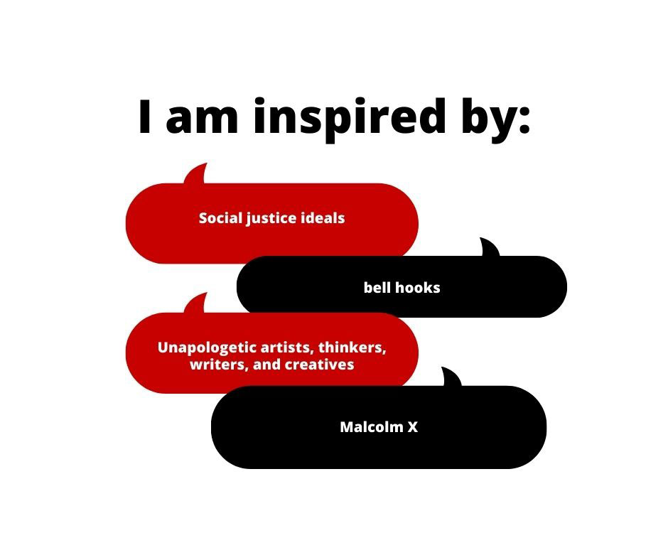 Quote from Kirsten Imani Kasai, "I am inspired by social justice ideals, bell hooks, Unapologetic artists, thinkers, writers, and creatives, and Malcolm X.
